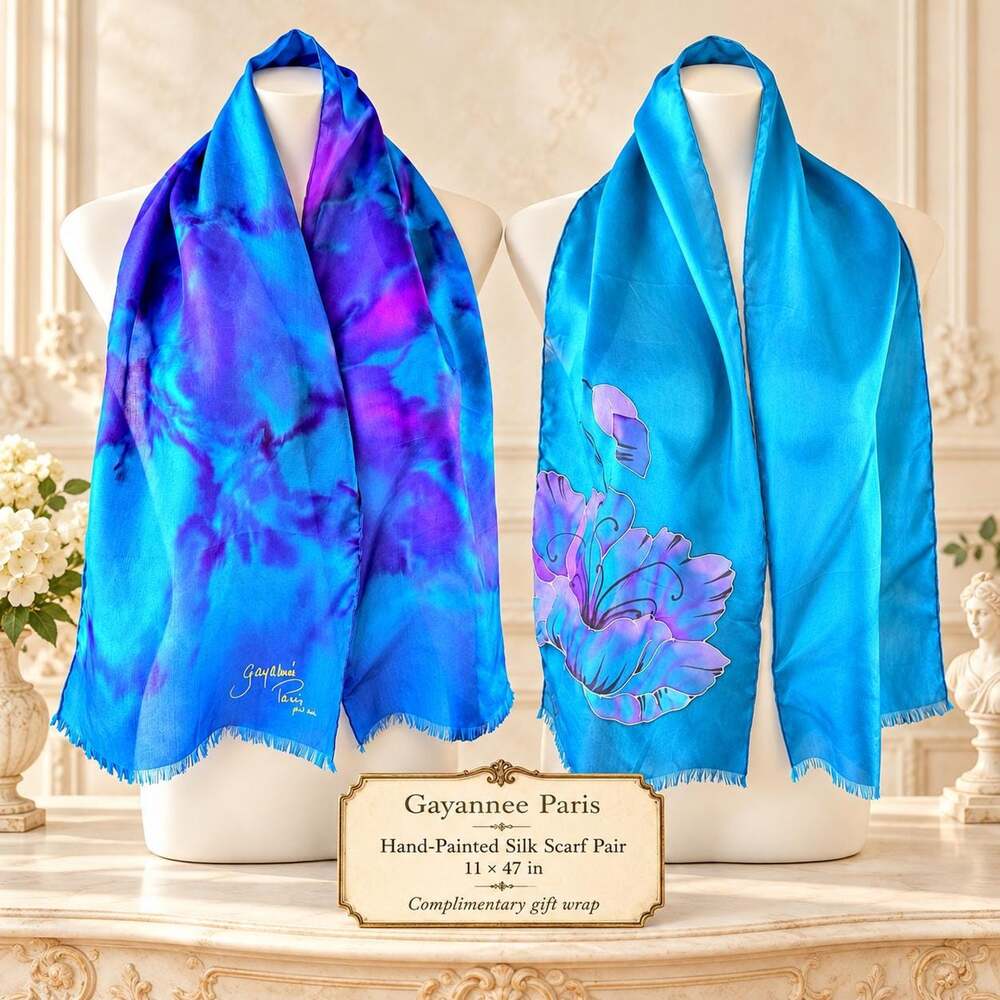 Vintage Gayannee Paris 1990s Hand Painted Silk Scarf Pair Blue Iris 11x47